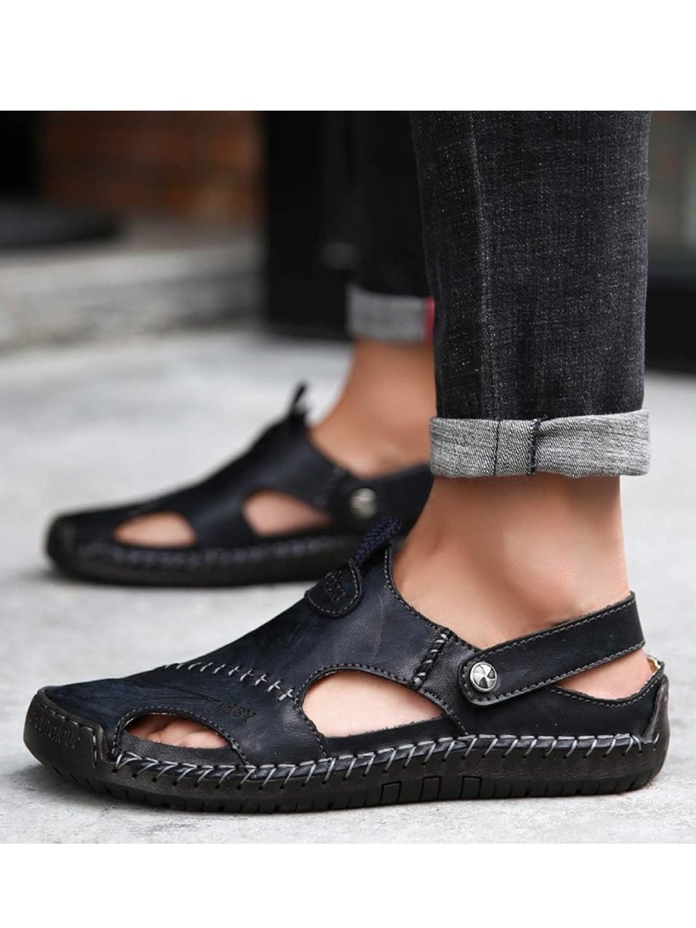 Men's Blue Leather Casual Sandal - Comfortable Summer Slip-On size 44 eu